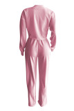 Pink Fashion Casual Solid Hollowed Out O Neck Long Sleeve Three-piece Set