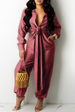 Red Fashion Casual Solid Split Joint Turndown Collar Jumpsuits