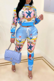 Pink Casual Print Patchwork Half A Turtleneck Long Sleeve Two Pieces