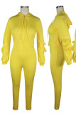 Yellow Casual Solid Split Joint Fold Hooded Collar Long Sleeve Two Pieces