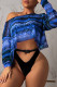 Blue Fashion Casual Print Basic Oblique Collar Tops (Without Underwear)