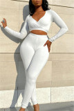 White Fashion Casual Solid Basic V Neck Long Sleeve Two Pieces