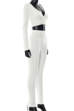 White Fashion Casual Solid Basic V Neck Long Sleeve Two Pieces