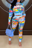 Pink Casual Print Patchwork Half A Turtleneck Long Sleeve Two Pieces