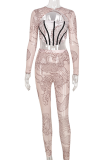 Apricot Sexy Print O Neck Long Sleeve Two Pieces