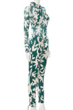 Green Sexy Print Patchwork Asymmetrical O Neck Regular Jumpsuits