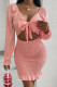 Pink Sexy Solid Hollowed Out Patchwork Fold Knotted V Neck Pencil Skirt Dresses