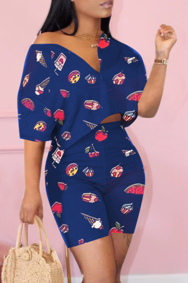 Peacock Blue Casual Print Solid Patchwork V Neck Half Sleeve Two Pieces