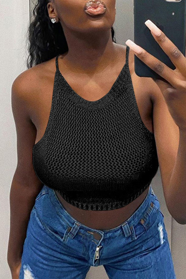Black Sexy Casual Solid Bandage Hollowed Out Backless Halter Tops