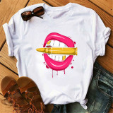 Rose Red Blue Fashion Casual Lips Printed Basic O Neck Tops