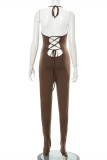 Brown Fashion Sexy Solid Backless Slit Spaghetti Strap Skinny Jumpsuits