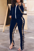Dark Blue Fashion Casual Print Hollowed Out Split Joint Slit Zipper Collar Long Sleeve Two Pieces