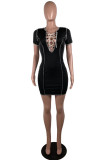 Pink Fashion Casual Solid Bandage Hollowed Out V Neck Short Sleeve Dress