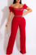 Red Fashion Celebrities Print Letter Off the Shoulder Jumpsuits