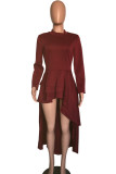 Red Fashion Casual Solid Asymmetrical O Neck Long Sleeve Dress