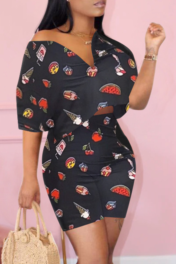 Black Casual Print Solid Patchwork V Neck Half Sleeve Two Pieces