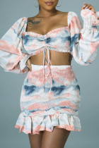 Gray Pink Sexy Print Split Joint Flounce Off the Shoulder Long Sleeve Two Pieces