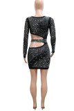 Black Sexy Solid Hollowed Out Patchwork Hot Drill O Neck Dresses