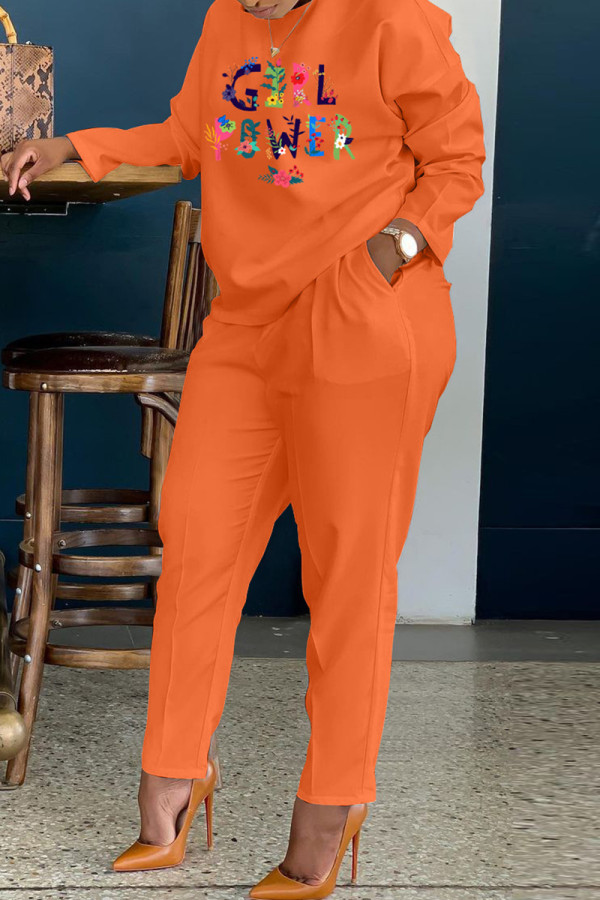 Orange Fashion Casual Print Basic O Neck Long Sleeve Two Pieces