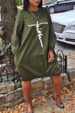 Green Casual Print Patchwork O Neck Long Sleeve Dresses