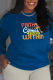 Blue Fashion Daily Print Patchwork Letter O Neck Tops