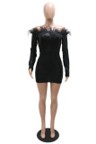 Black Fashion Casual Patchwork Sequins Feathers Off the Shoulder Long Sleeve Dresses