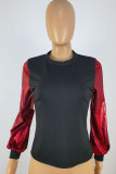 Red Casual Solid Patchwork O Neck Tops