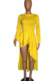 Yellow Fashion Casual Solid Asymmetrical O Neck Long Sleeve Dress