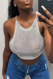 White Sexy Casual Solid Bandage Hollowed Out Backless Halter Tops