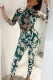 Green Sexy Print Patchwork Asymmetrical O Neck Regular Jumpsuits