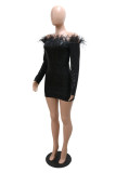 Black Fashion Casual Patchwork Sequins Feathers Off the Shoulder Long Sleeve Dresses
