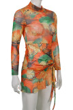 Multicolor Fashion Print Draw String Turtleneck Long Sleeve Dresses