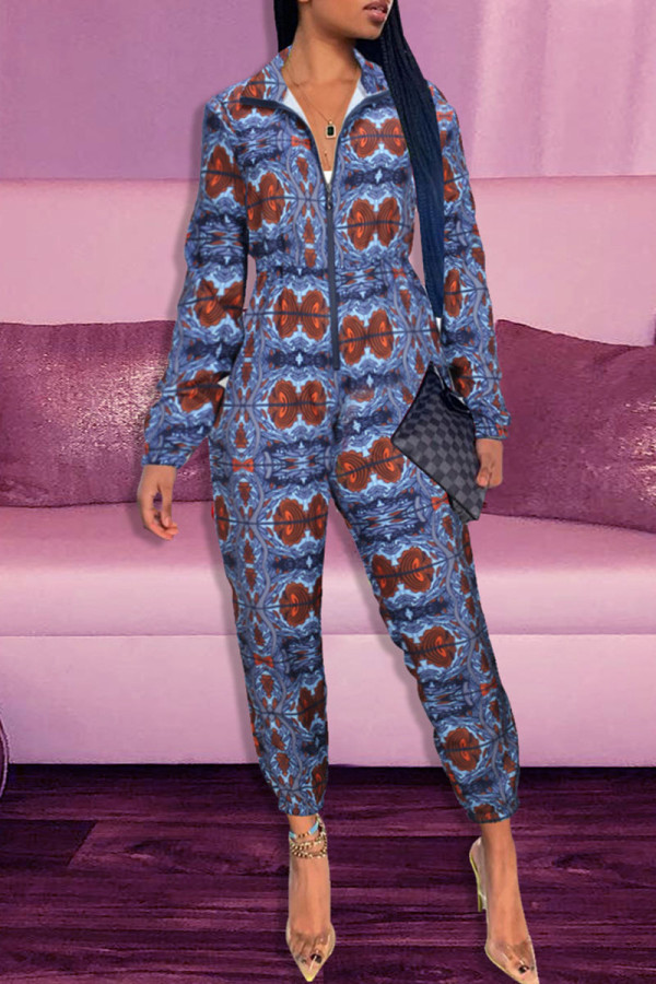 Blue Casual Print Patchwork Zipper Regular Jumpsuits