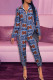 Blue Casual Print Patchwork Zipper Regular Jumpsuits