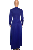 Blue Fashion Casual Solid Asymmetrical O Neck Long Sleeve Dress