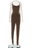 Brown Fashion Sexy Solid Backless Slit Spaghetti Strap Skinny Jumpsuits