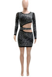 Black Sexy Solid Hollowed Out Patchwork Hot Drill O Neck Dresses