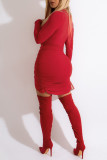 Red Sexy Casual Solid Hollowed Out O Neck Long Sleeve Dresses