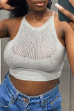 White Sexy Casual Solid Bandage Hollowed Out Backless Halter Tops