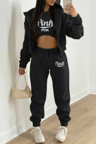 Black Fashion Casual Letter Print Cardigan Vests Pants Hooded Collar Long Sleeve Three-piece Set