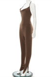 Brown Fashion Sexy Solid Backless Slit Spaghetti Strap Skinny Jumpsuits
