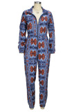Blue Casual Print Patchwork Zipper Regular Jumpsuits