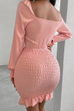 Pink Sexy Solid Hollowed Out Patchwork Fold Knotted V Neck Pencil Skirt Dresses