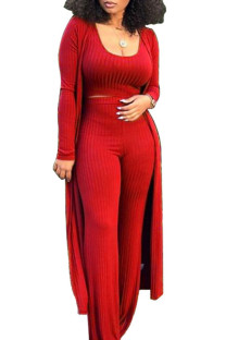 Red Active Casual Europe and America O Neck Solid Plus Size
