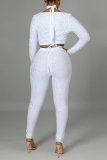 White Sexy Solid Hot Drill Halter Long Sleeve Two Pieces