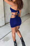 Blue Fashion Sexy Solid Hollowed Out Strapless Sleeveless Two Pieces