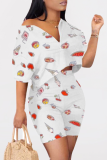White Casual Print Solid Patchwork V Neck Half Sleeve Two Pieces
