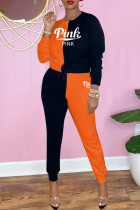 Black Orange Fashion Casual Letter Print Split Joint O Neck Long Sleeve Two Pieces