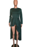 Green Fashion Casual Solid Asymmetrical O Neck Long Sleeve Dress