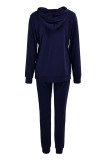 Deep Blue Casual Sportswear Letter Print Ripped Hooded Collar Long Sleeve Two Pieces